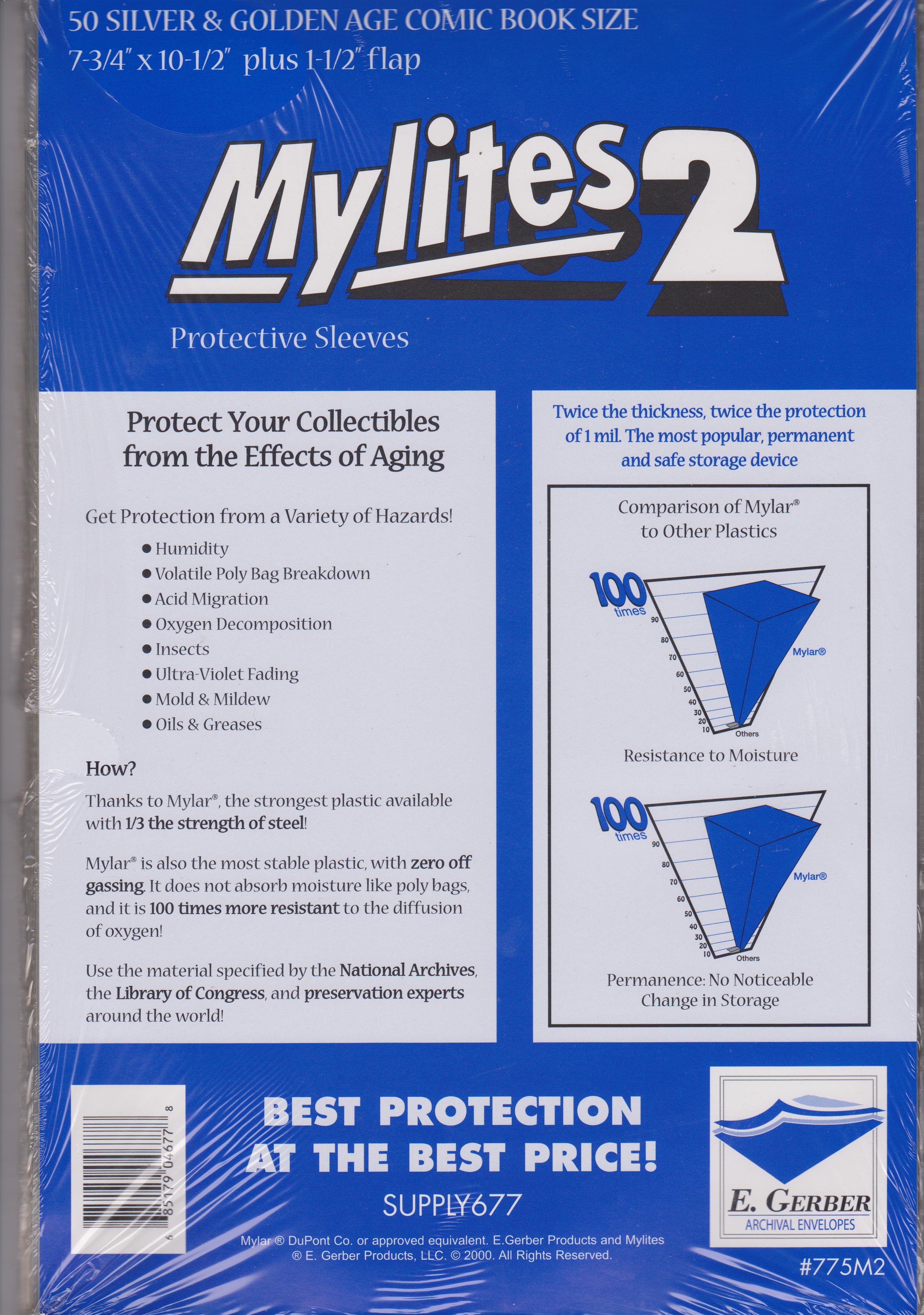 E GERBER MYLITES 2 "PROTECTIVE SLEEVES" PACK OF 50 SILVER/GOLDEN AGE COMIC SIZE 